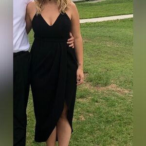 Xscape Black Midi Dress with Spaghetti Straps